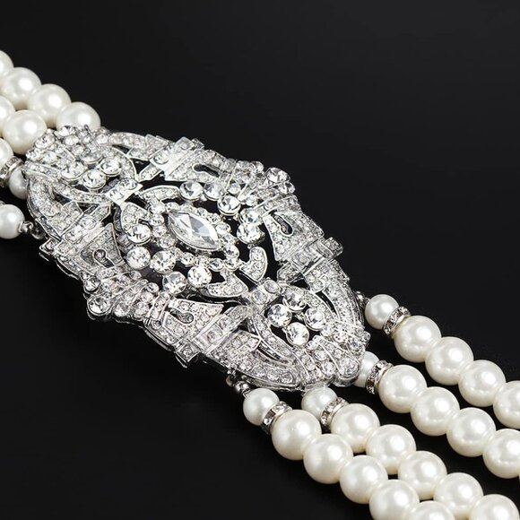 Vintage Pearl Necklace Earrings Jewelry Set Faux Multi-Layer Bridal Accessory - Picture 4 of 9